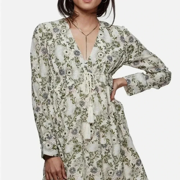 free people Mini‎ dress Bohemian Floral Cottagecore Size M/L Tassels Butt…